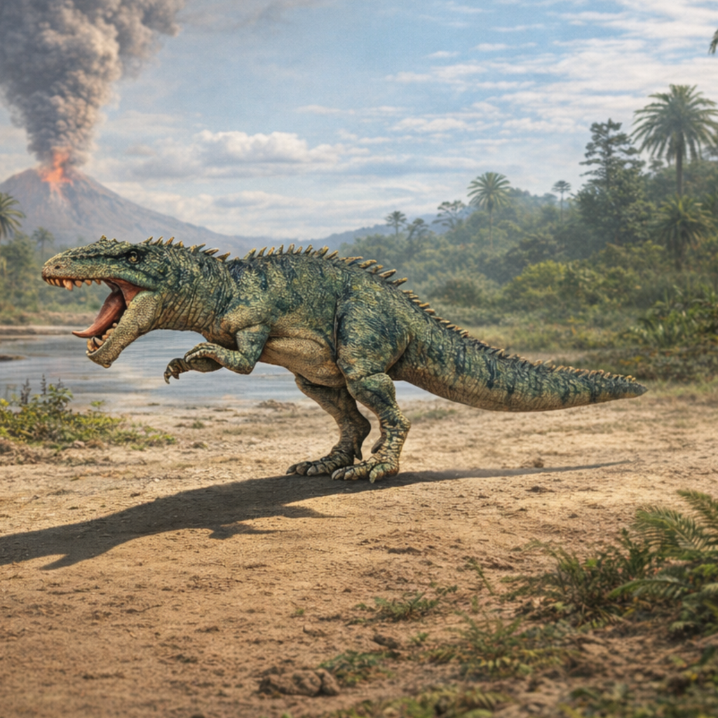 Giganotosaurus Dinosaur in a prehistoric landscape with a volcano in the background