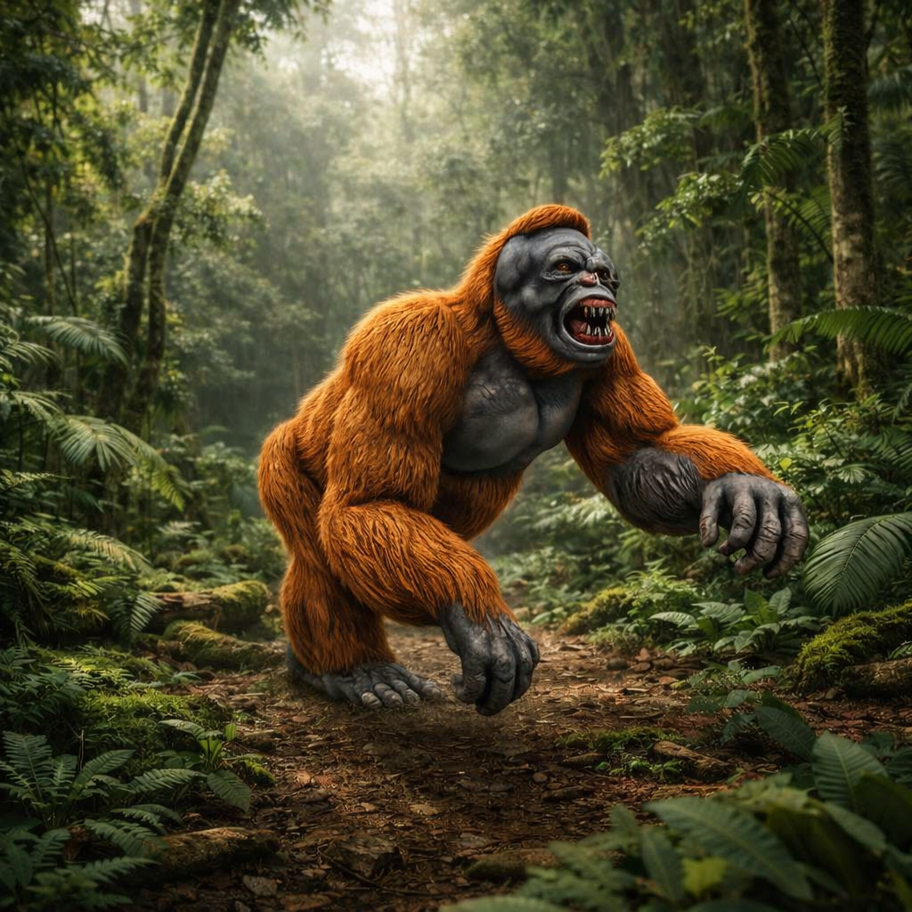 Gigantopithecus running  in a forest setting
