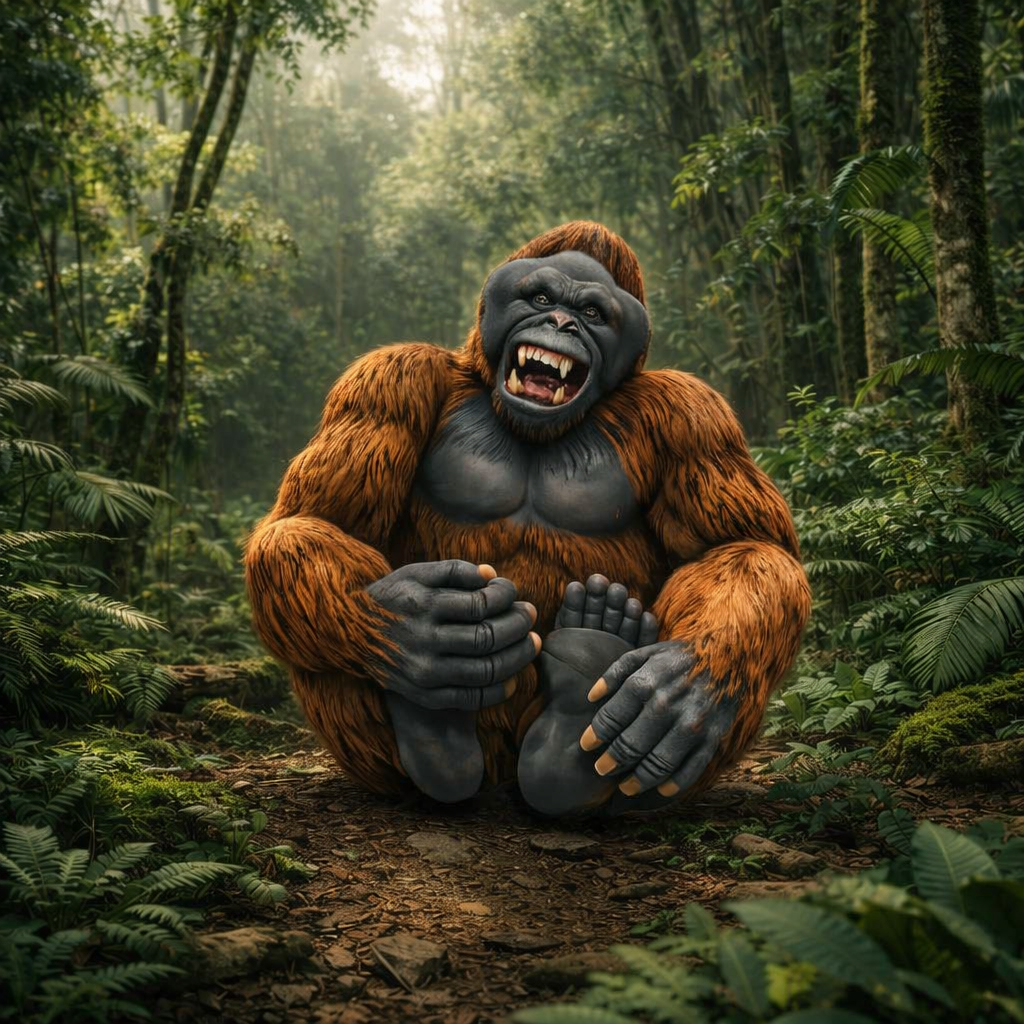 Gigantopithecus Sitting in a forest setting with a dramatic expression