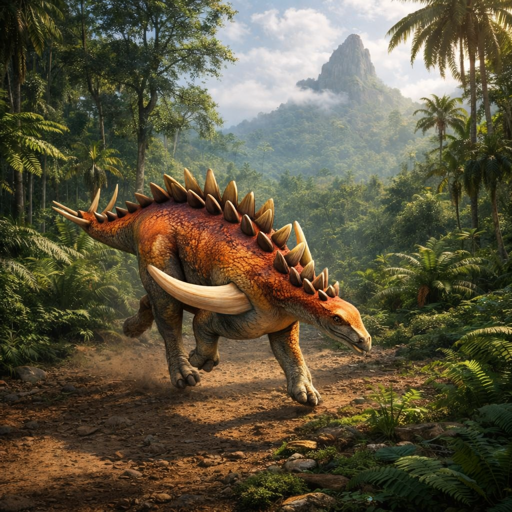 Gigantspinosaurus Dinosaur running through a lush forest with mountains in the background