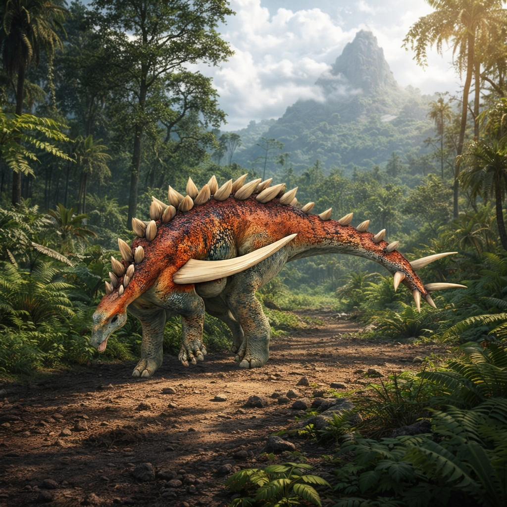 Gigantspinosaurus walking through a lush, prehistoric forest with mountains in the background.