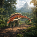 Gigantspinosaurus walking through a lush, prehistoric forest with mountains in the background.
