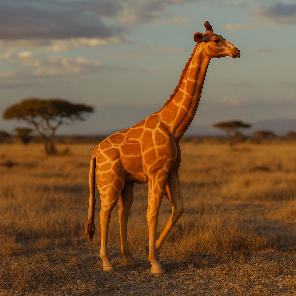 Giraffe standing in a savannah landscape with a warm, golden light.