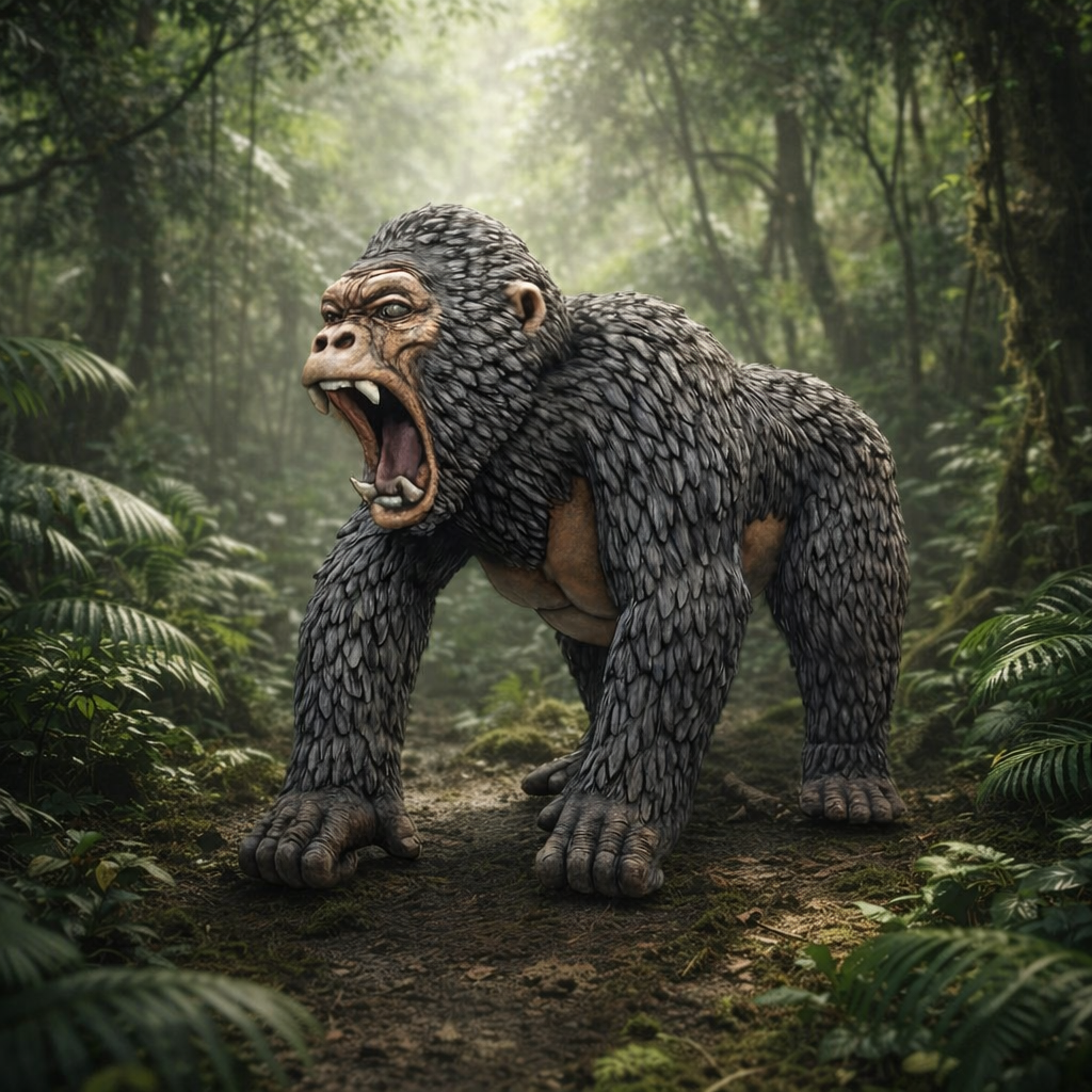 Gorilla in a forest setting with dense greenery