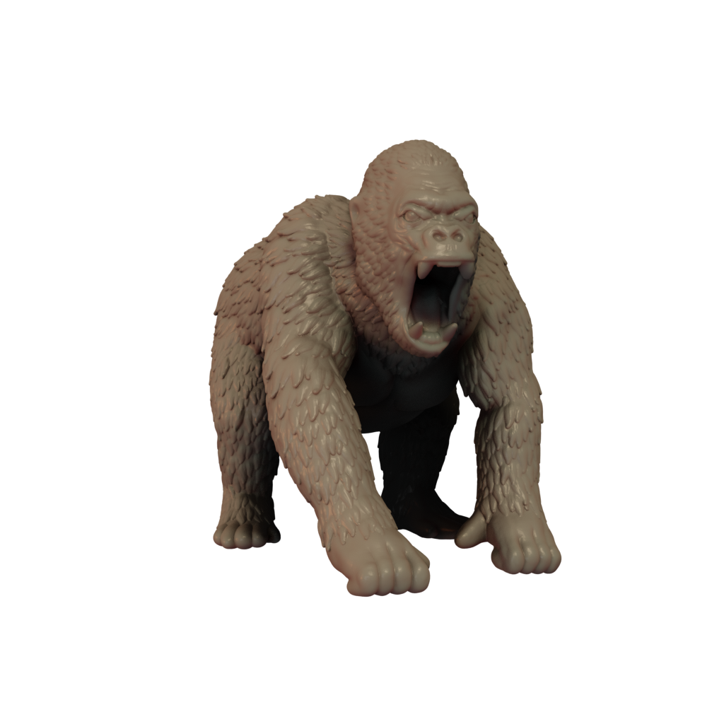 3D printed miniature resin model of a gorilla in a crouched pose, unpainted and without a base.