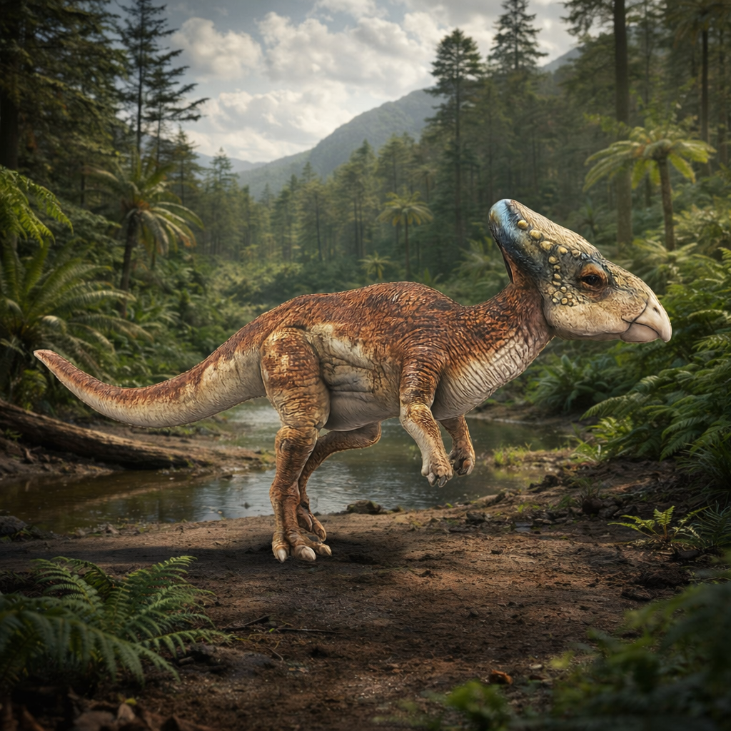 Graciliceratops Dinosaur standing in a forest with trees and mountains in the background