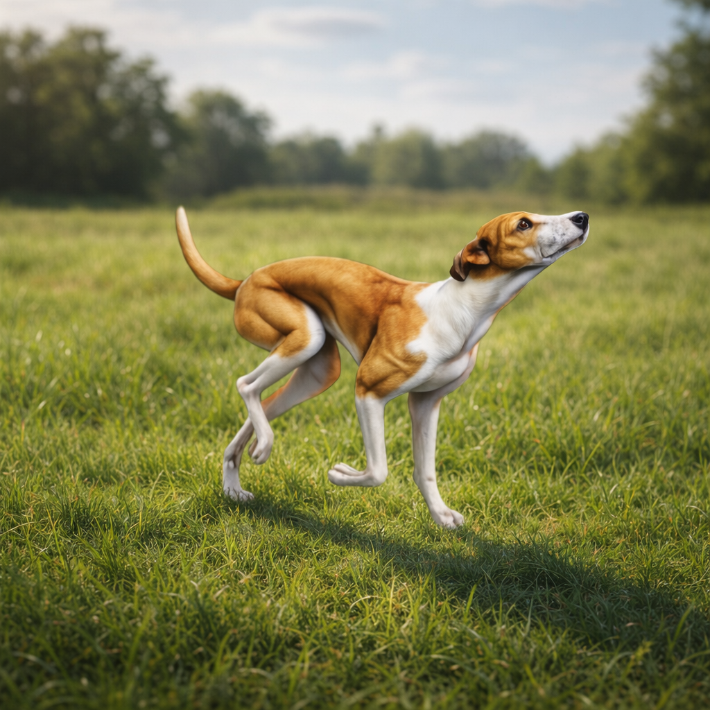 Greyhound dog running on a grassy field with trees in the background
