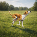 Greyhound dog running on a grassy field with trees in the background