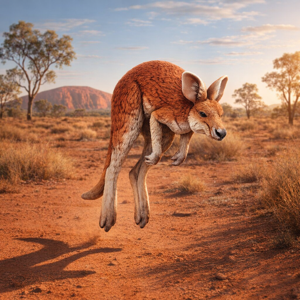 A kangaroo leaps across a red dirt landscape in an Australian outback scene at sunset, with trees, grass, and a distant rock formation in the background.