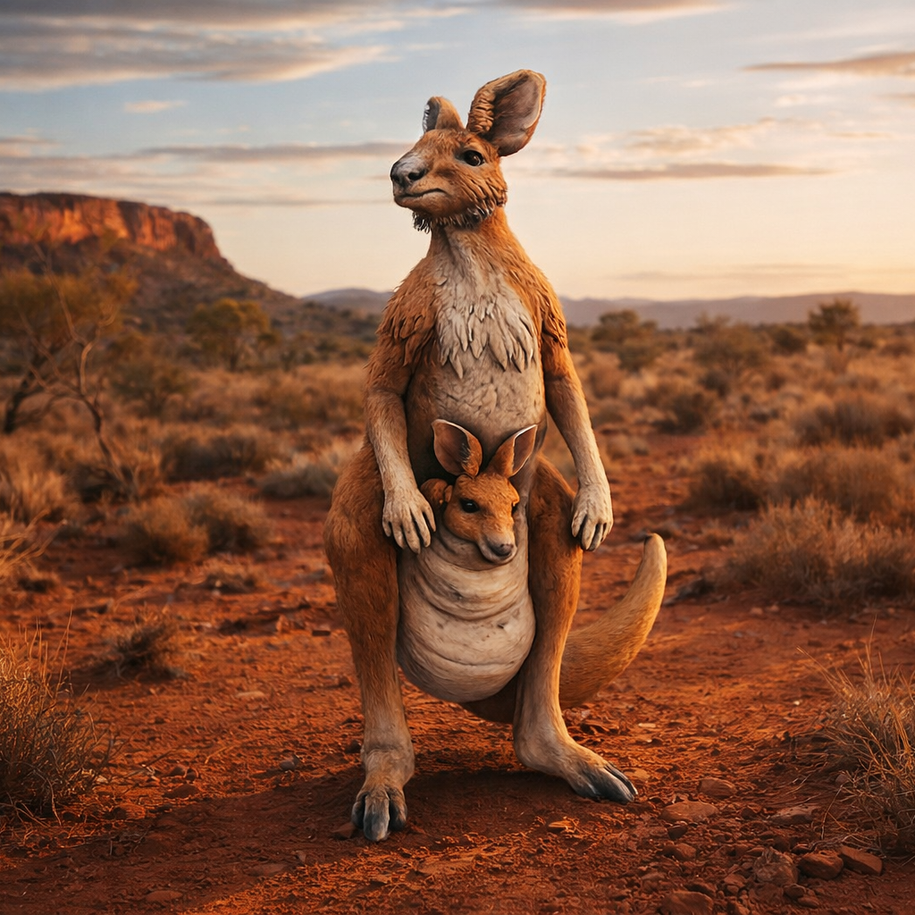 A kangaroo standing on a dirt path in a dry grassy landscape at sunset, with a joey in its pouch. The scene is rendered in warm golden hour tones with red-brown earth and sparse shrubs.