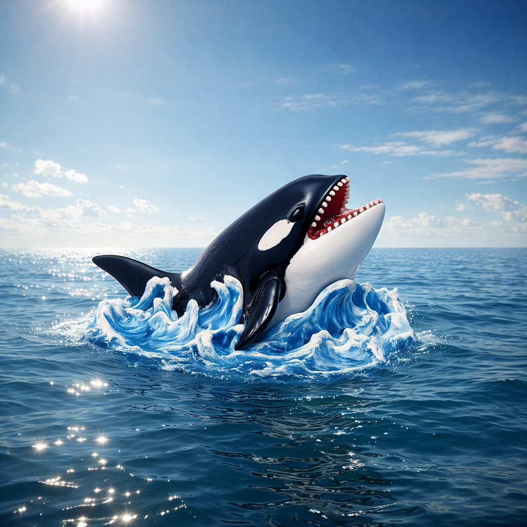 A orca whale breaches the ocean surface with its mouth wide open, surrounded by blue water waves under a bright blue sky with clouds.