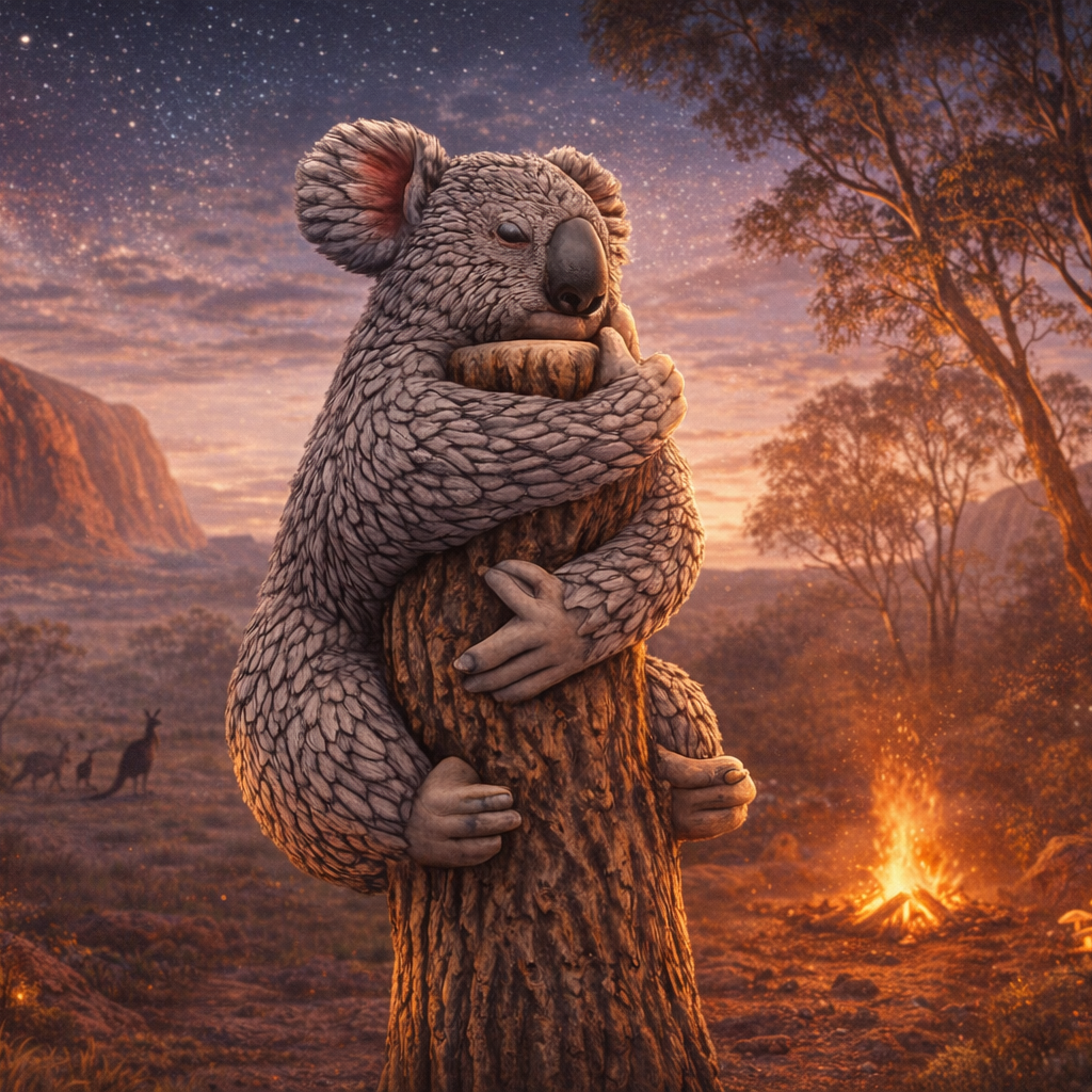 A Koala hugging a tree in a scenic Australian landscape at sunset, with mountains, trees, a campfire, and a starry sky in the background.
