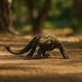 Komodo Dragon Lizard walking on a dirt path with trees in the background