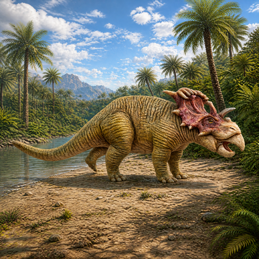 Kosmoceratops dinosaur in prehistoric enviroment
