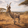 A Kudu antelope with long curved horns stands in a dry grassy savanna landscape with trees and a cloudy sky.