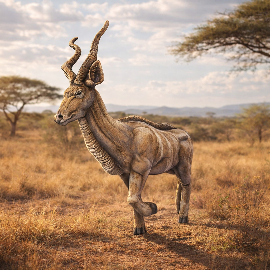 A Kudu antelope with long curved horns stands in a dry grassy savanna landscape with trees and a cloudy sky.