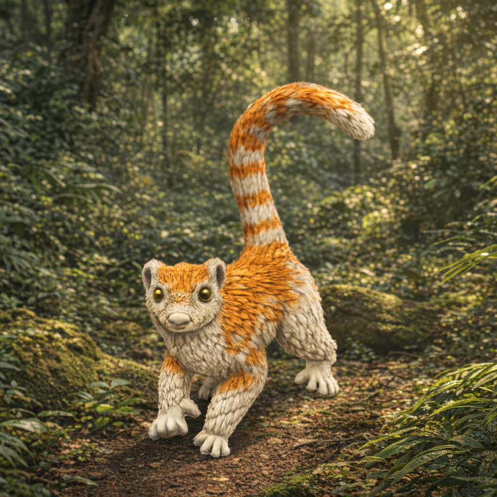 A small orange-and-white striped Lemur stands on a forest path surrounded by dense green foliage.