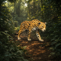 A leopard, walking along a forest path surrounded by dense green foliage and trees.
