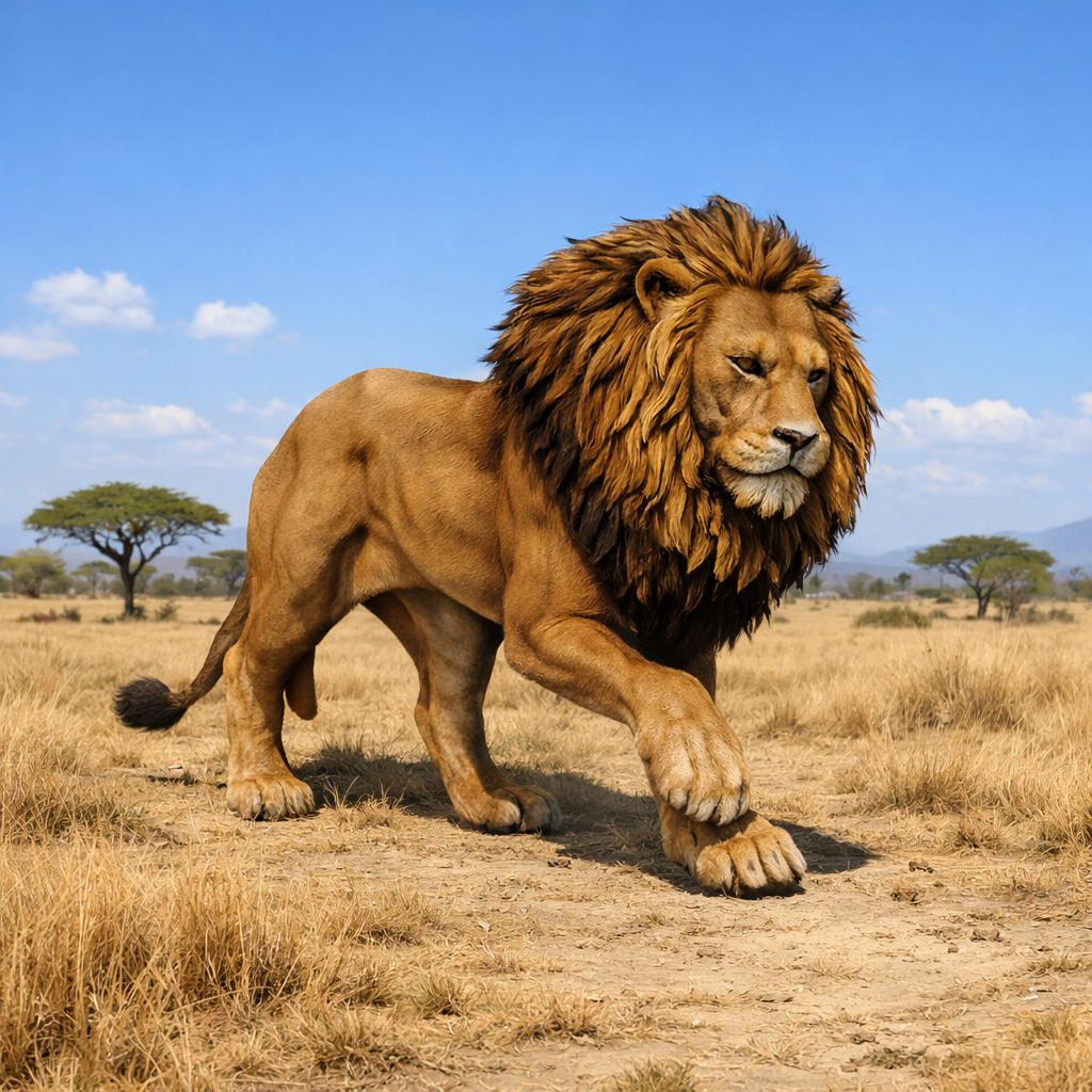 A large male lion with a full golden-brown mane walks across a dry grassy savanna under a bright blue sky with scattered clouds.