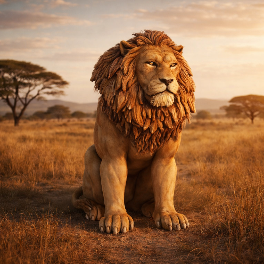 A large lion with a full golden-brown mane sits in a dry grass savanna at sunset, with trees and hills in the background.