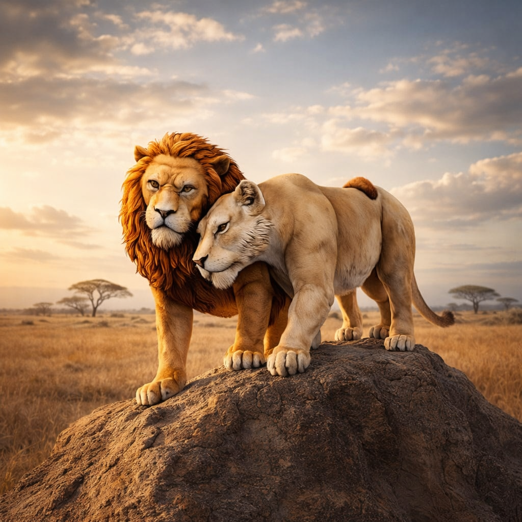 A lion and a lioness standing together on a large rock in a savanna landscape at sunset, with dry grass, trees, and a cloudy sky in the background.