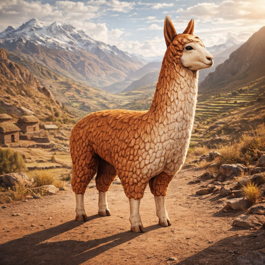 A brown and cream-colored Llama standing on a dirt path in a mountain valley with snow-capped peaks in the background.