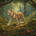 A lynx walking through a mystical, sun-dappled forest with glowing mushrooms.