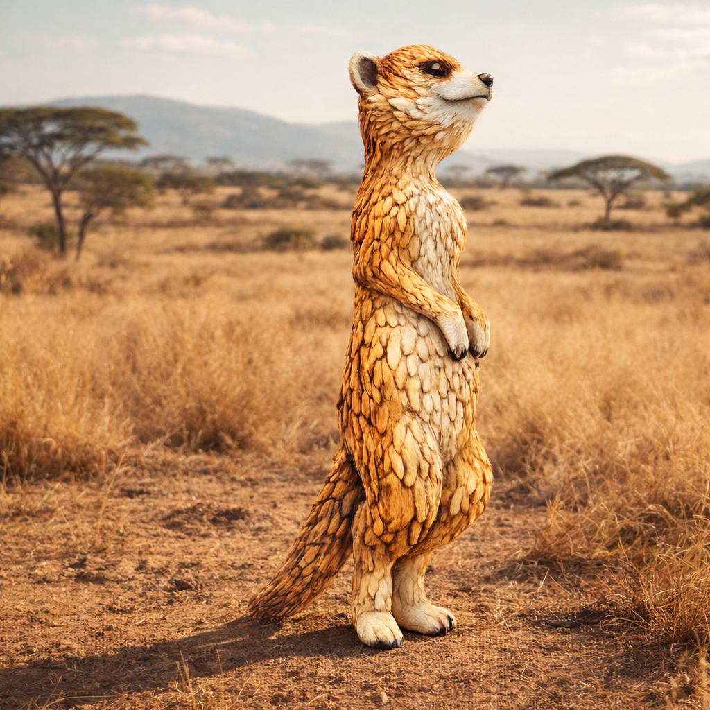 A Meerkat standing upright on a dry grassy savanna background.