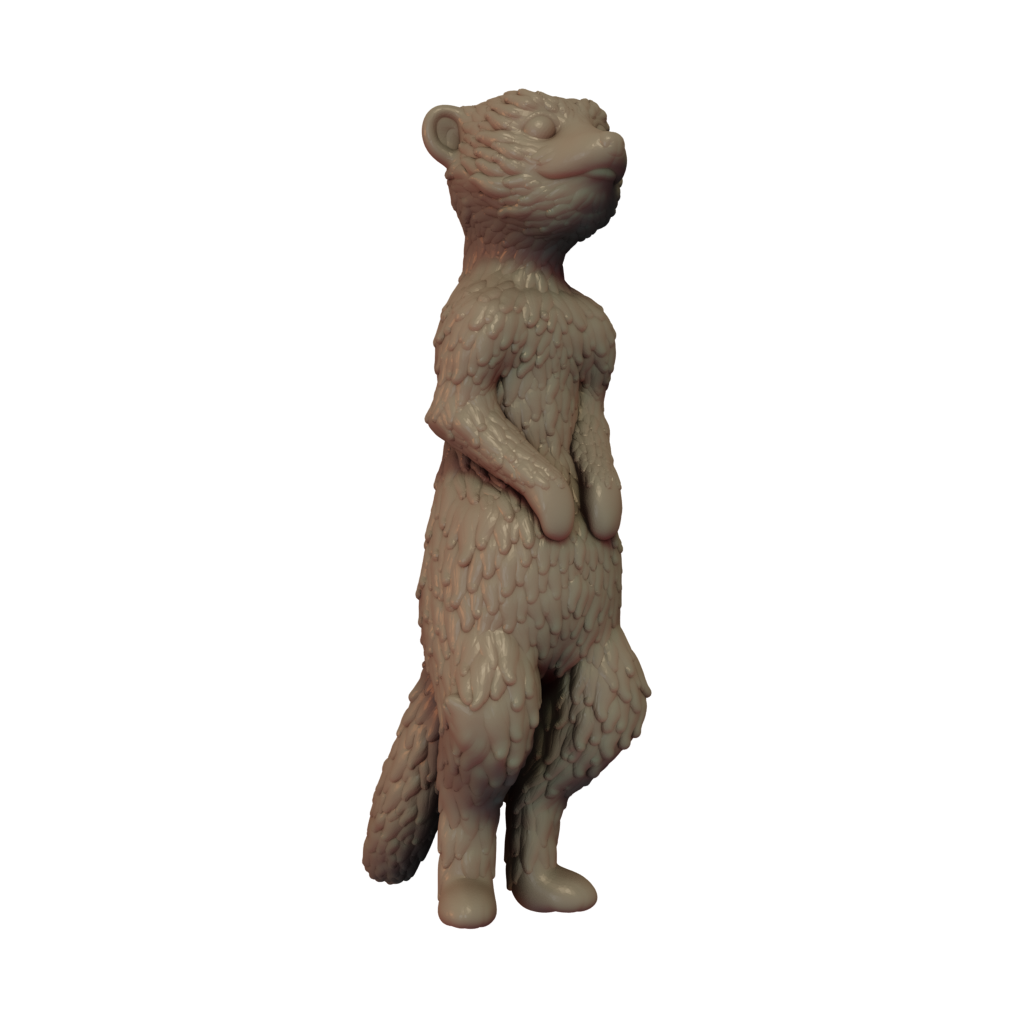 A 3D printed miniature of a meerkat standing upright, detail level shows fur texture and basic body shape.