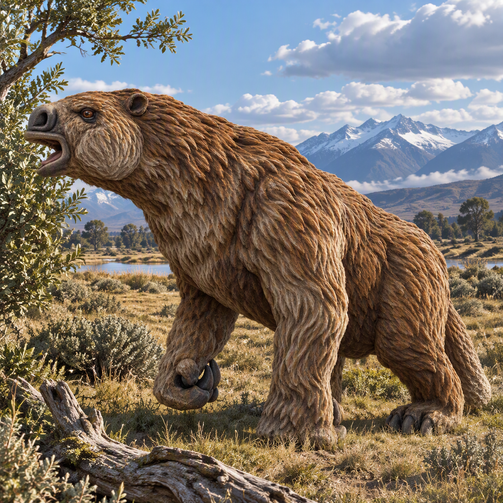 Megatheriun walking in a Pleistocene enviroment