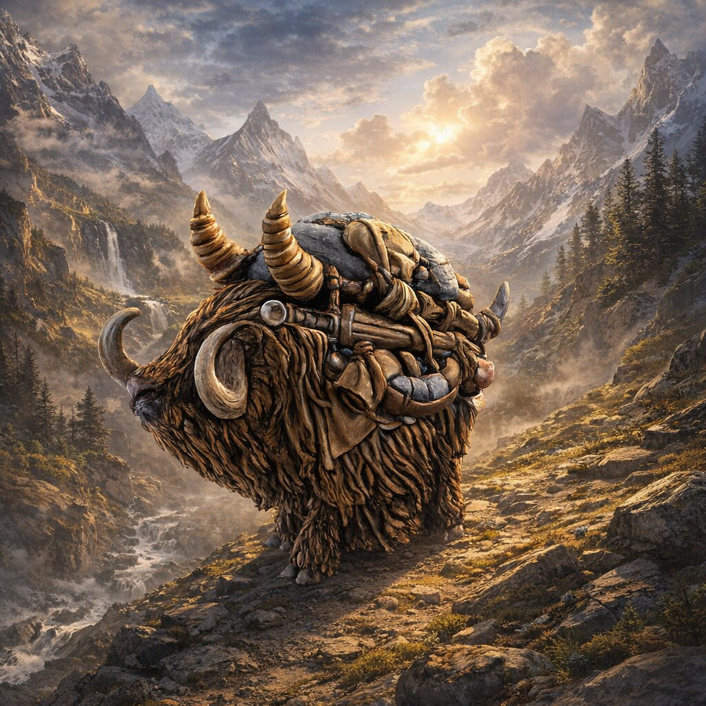 Fantasy Merchants Pak Yak in a mountainous landscape