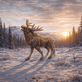 A Moose stands calling in a snowy forest at sunset, with mountains and evergreen trees in the background.