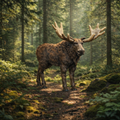 A large moose with very large antlers stands on a forest path surrounded by tall trees, moss, and green undergrowth.
