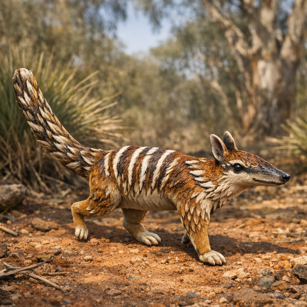 A small striped Numbat standing on reddish-brown ground with rocks, shrubs, and trees in the background.