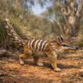 A small striped Numbat standing on reddish-brown ground with rocks, shrubs, and trees in the background.