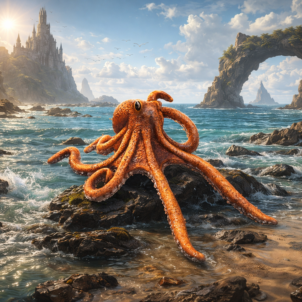 An orange octopus standing on rocky shoreline and ocean, with cliffs, water, and a bright sun in the background.