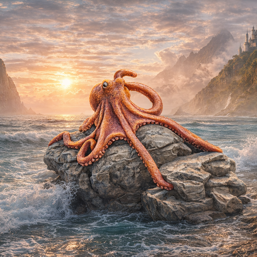 A dramatic fantasy seascape at sunset with an orange octopus resting on a large rock in the ocean, with rocky cliffs, mist, and a castle-like structure on the right shore.