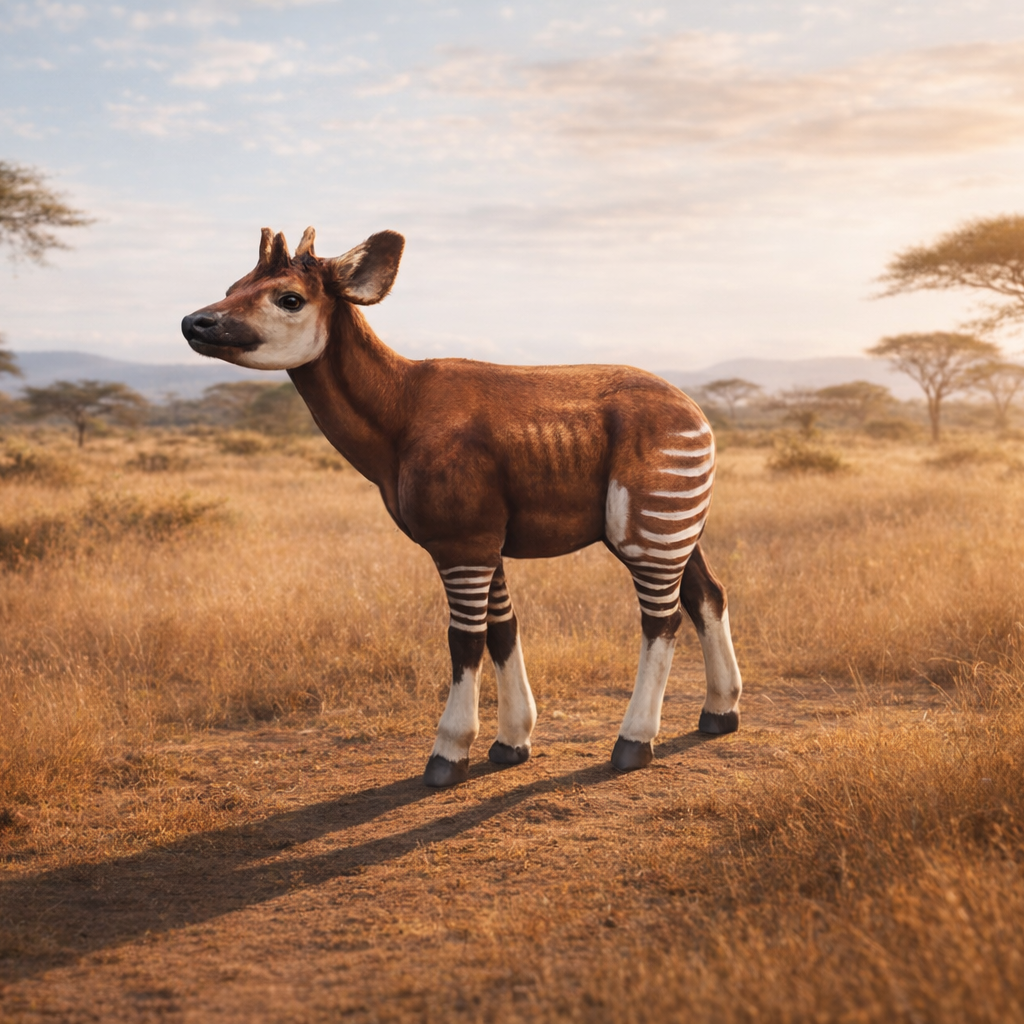 A okapi standing in a golden African savanna landscape at sunrise, with acacia trees and dry grass in the background.