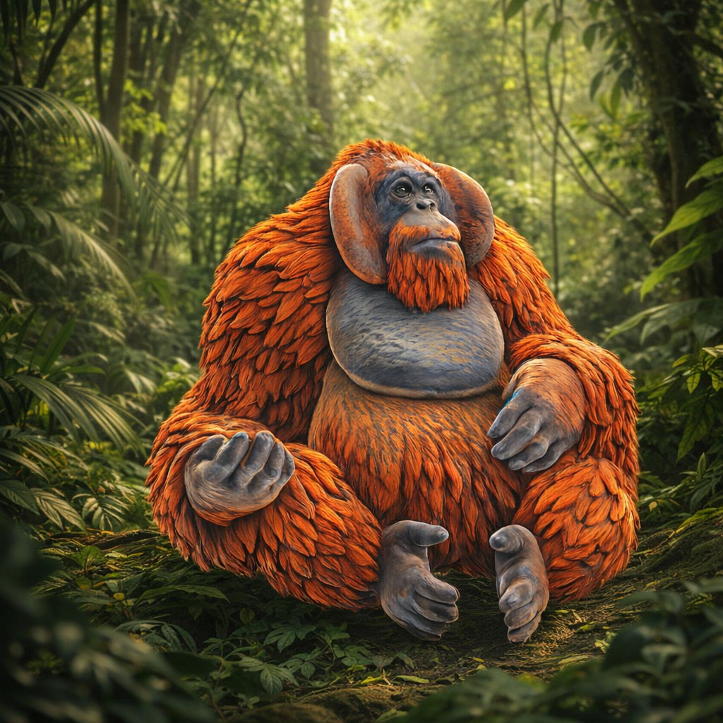 An orangutan sits cross-legged in a dense green forest, with detailed fur texture, gray skin on the face and hands, and a soft-focus natural background.