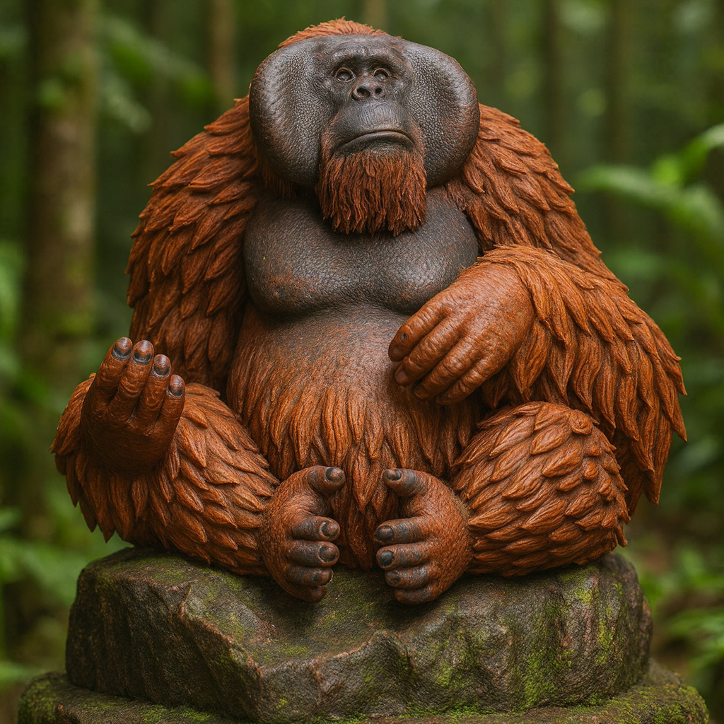 An orangutan sitting on a mossy rock base, set against a blurred green forest background.