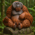 An orangutan sitting on a mossy rock base, set against a blurred green forest background.