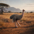 An Ostrich stands on a dirt path in a dry grassland, with trees and mountains in the background under a pale sky.