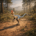A blue and beige Oviraptor dinosaur with a red crest stands on a dirt path in a prehistoric forest with mountains in the background.