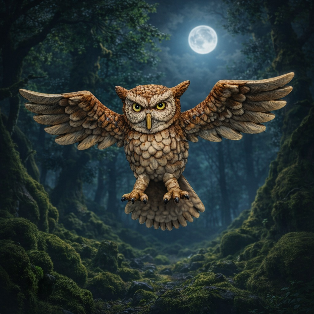 A brown and beige owl with spread wings flying in a dark, mossy forest under a full moon.