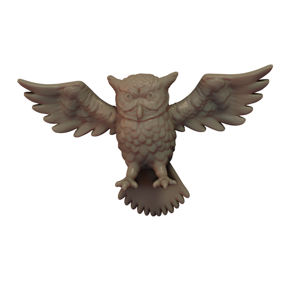 3D printed miniature resin model of an owl in a flying pose, unpainted and without a base.
