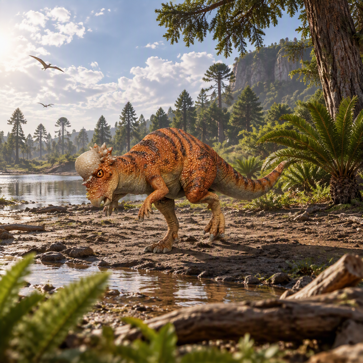 Pachycephalosaurus dinosaur in  Cretaceous enviroment