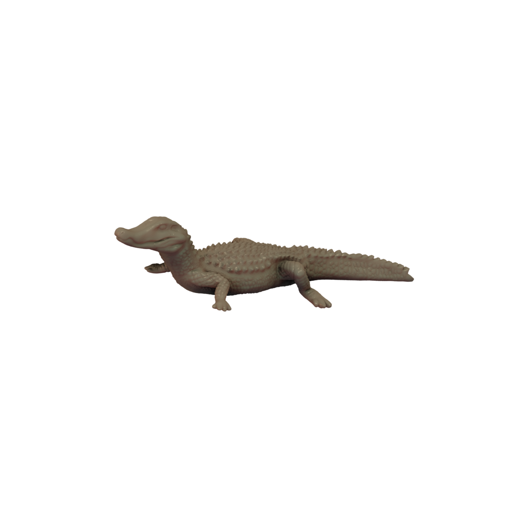 A 3D printed miniature resin model of a Paleosuchus, supplied unpainted, in a pose on a plain background.
