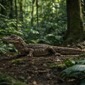 A Paleosuchus rests on a forest floor surrounded by dense green foliage and mossy trees.