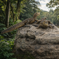 Two Paleosuchus resting on a large rock in a lush green forest with a river in the background.
