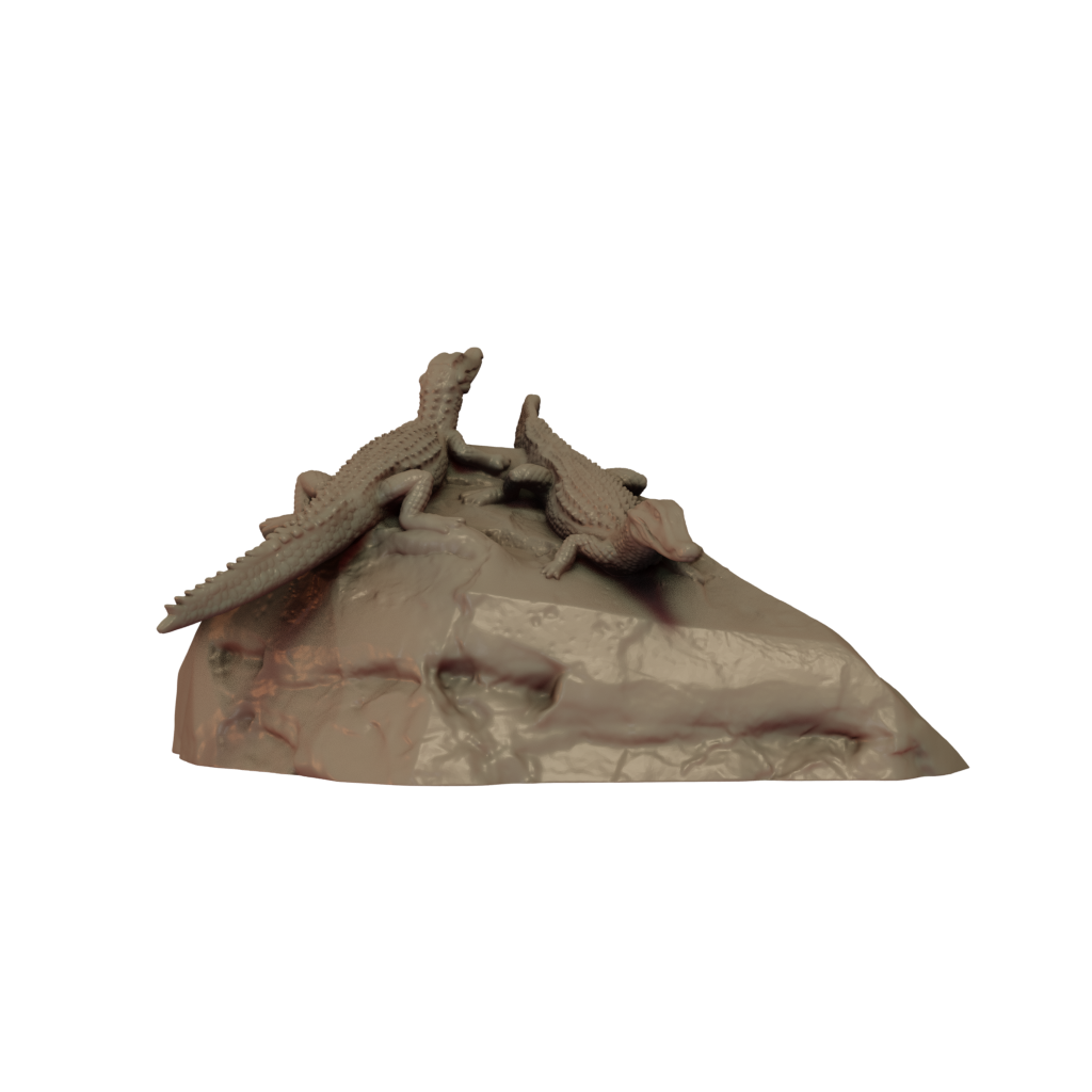 A 3D printed miniature of 2 Paleosuchus on rock, made of resin and supplied unpainted
